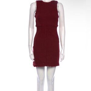 LIKELY Crew Neck Mini Dress‎ Burgundy Tweed Fringe Trim Sleeveless Size SMALL